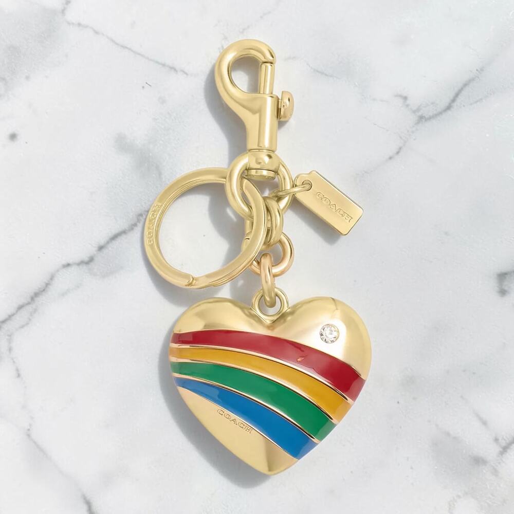 NWT Coach Rainbow Heart Bag Charm Keychain Fob CAX71 Gold Multi Enamel Crystal